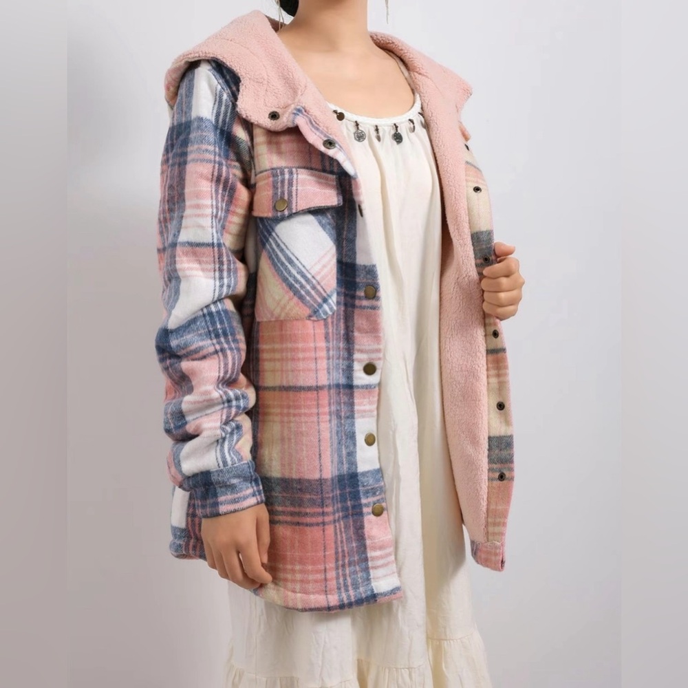 Women's Plaid Print Button Front Hooded Jacket L(8/10) NEW